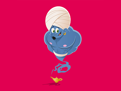 Smiling blue genie aladin character design genie lamp vector art