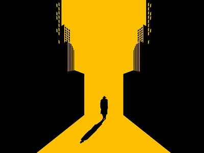 Trudging Away black building city contrast duochrome flat illustration man shadow silhouette vector yellow