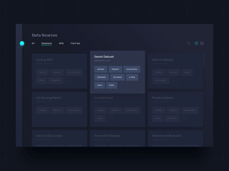 Spindle - Data Sources Animation animation data database gif grid list machine learning simple software spindle ui ux