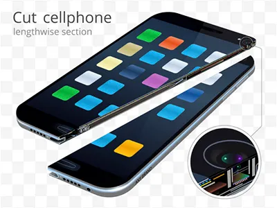 Cut cell phone. Realistic vector 3d broken cell phone closeup concept cross section cut destruction mobile phone realistic split vector