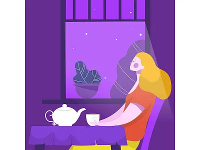 Tea is always enjoyable at night characters design face flower illustration night sit watch woman
