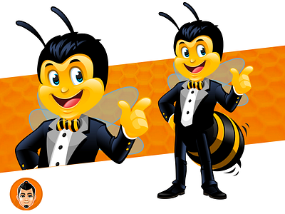 Happy Bee Mascot bee black coat formal happy honey ribbon suit tie