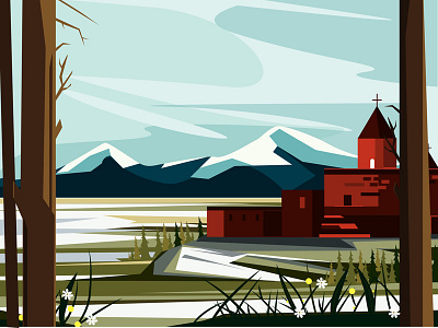 Armenia 2d ararat flowers homeland illustration khorvirab nature tree