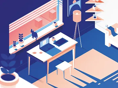 Office cat illustration isometric laptop office vector