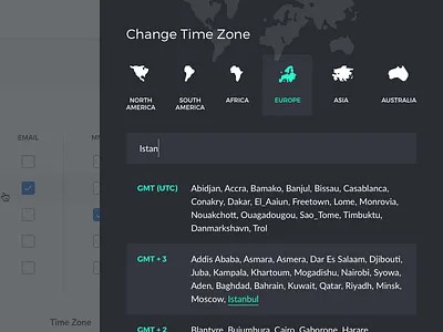 Change Time Zone Modal auto search clean continents dark modal overlay search input search list time zone utc web