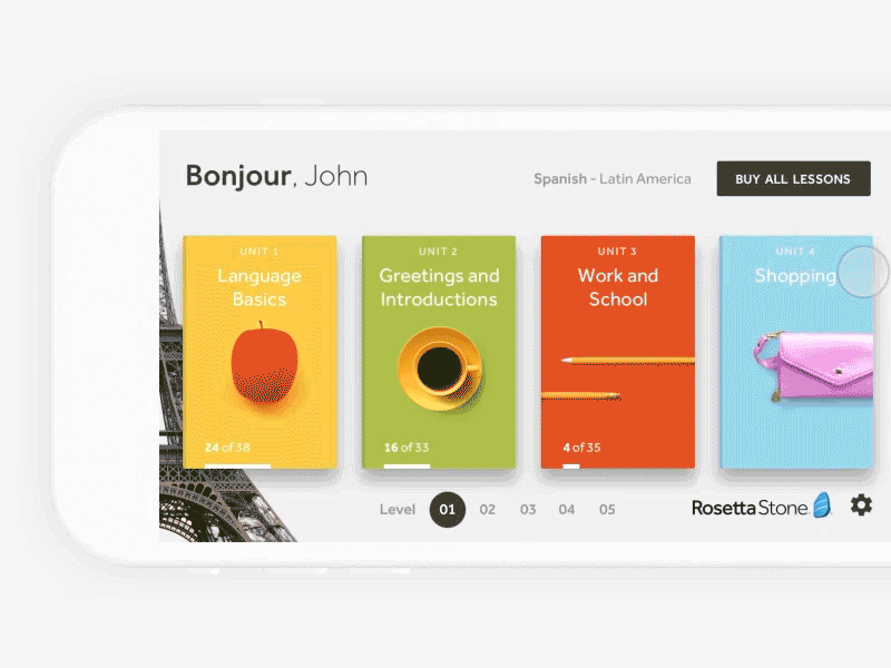 The New Rosetta Stone iOS app animation cards design ios motion rosetta stone ui ux