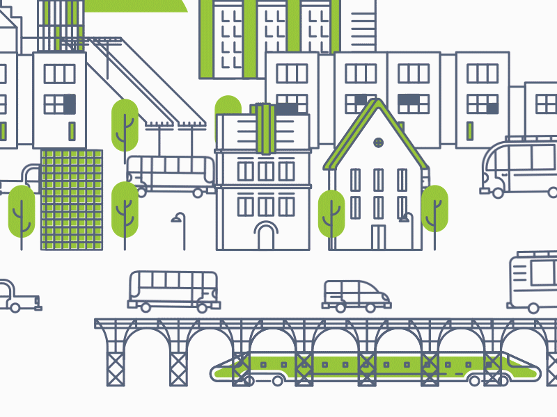 Tech Animation 5- Cityscape v1 building cars city corporation industry power lines street sunrise traffic train tree