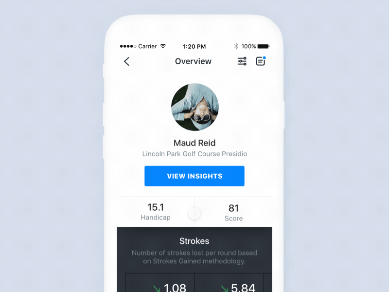 GameGolf - Student profile application golf ios mobile mobile interactions motion profile ui ux