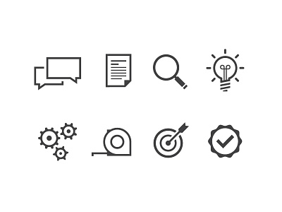 Icons for Kelly Olson Interiors' website 2d approval bullseye clean design gears icon set icons light bulb magnifying glass talk tape measure