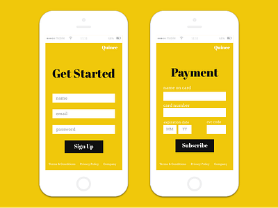 Sign Up And Payment Pages for Mobile App 001 002 checkout credit card daily ui dailyui iphone mobile mobile app payment quince sign up