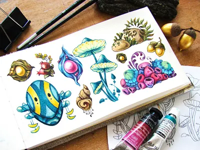 Magic forest color design fairy tale forest fun illustration magic nature set watercolor