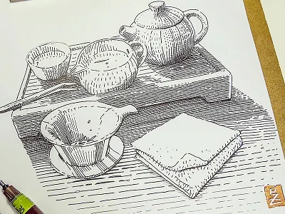 would you like a cup of tee? 🍵 black and white crosshatching drawing engraving etching graphic gravure illustration ink woodcut
