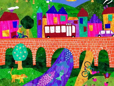 Trip to Bridgetown bike bridge childrens colourful illustration kidlitart pink purple town turquoise