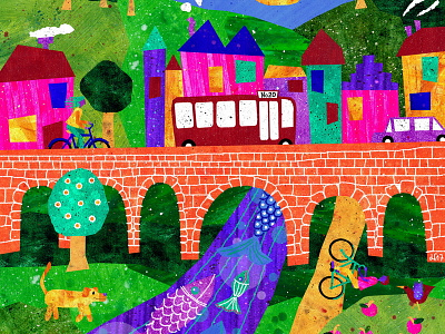 Trip to Bridgetown bike bridge childrens colourful illustration kidlitart pink purple town turquoise