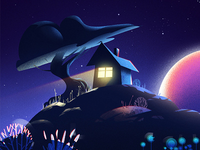 Nite color environment home house illustration landscape moon paint tree