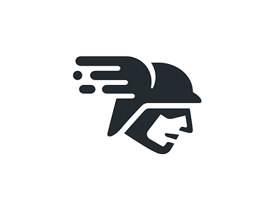 Hermes agile agility brand branding dynamic fun fast movement greek god hermes head logo identity people human simple helmet hat speed motion symbol mark wing wings