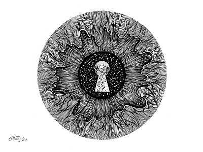 The Last Light art black and white drawing eye graphic design handmade illustration line art mountains night and stars scenery