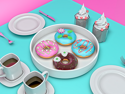 Today's breakfast 3d breakfast c4d coffee cup doughnut fork icecream illustrator knife tiffany blue