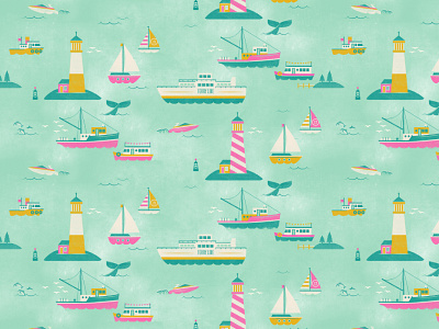 "On the Water" pattern boat ferry fishing illustration lighthouse nautical ocean pattern repeat sail surface design whale