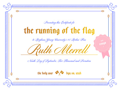 BYU vs Utah Flag Certificate award black letter blue byu certificate flag foil line ruth script seal utah