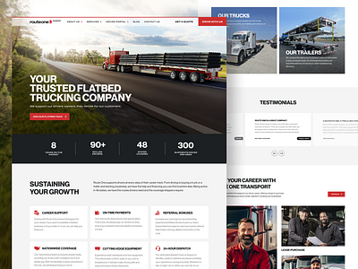 Route One Transport Website ai carhauling company driver figma flatbed freight job landing page route one stats trailer transport transportation trucks ui ux web design