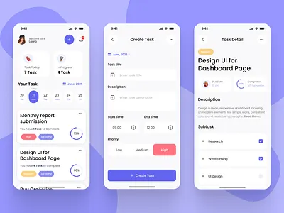 TaskSpire - Task Management App app case studi figma graphic design managem mobile mobile app purple task task management task manager task scheduler ui ui design uiux user experience user interfacec ux