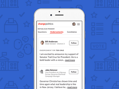 Change Politics endorsement screen mobile politics social