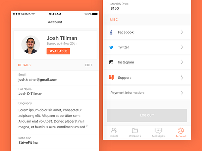 Personal Trainer Profile Settings ios product design ui ux