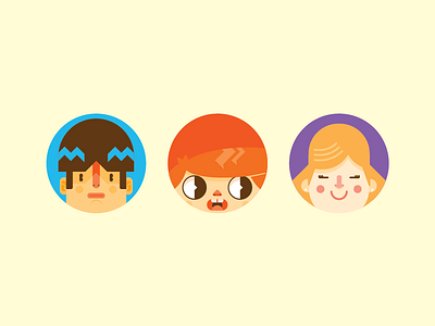 Caritas blue book faces geometric happy kids oldie orange purple surprised vector