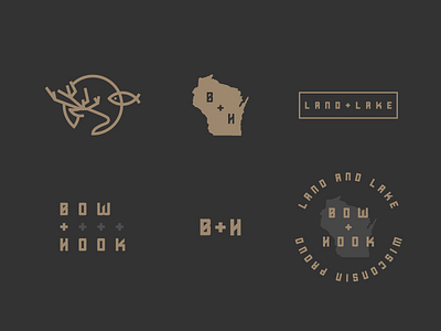 Bow + Hook Additional Marks badge bow branding deer fish fishing hook hunting line logo outdoors wisconsin