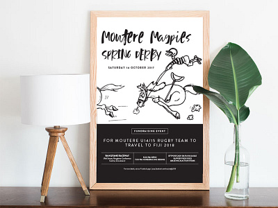 Fundraising Event poster for local rugby team advertising black and white calligraphy derby drawing event design fun handwritten font humorous illustration mockup poster