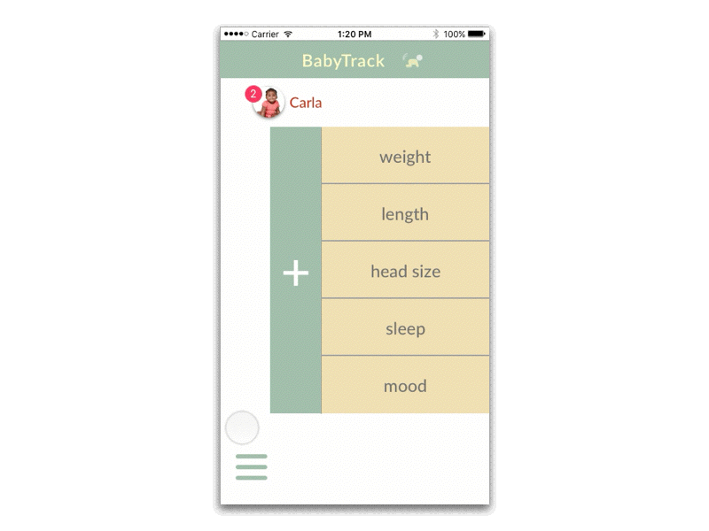 BabyTrack Menu children interaction design mobile parents product design ux
