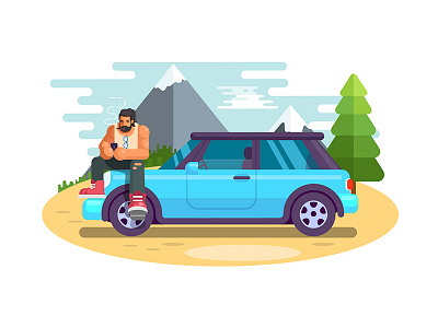 Man on solo trip car design flat geometrical guy illustration macho man man mascular trip vector vehicle