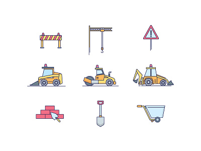 Construction Icons brick building constructor heavy machine roadwork shovel steamroller vehicle worker