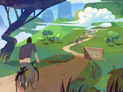 Illustration for Caritas Zurich bird bycicle cloud digital painting digitalart hill illustration landscape painting photoshop sketch