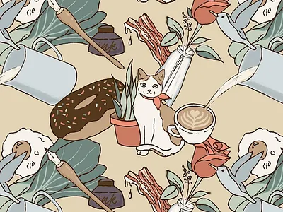 Things I Dig Pattern calligraphy cat coffee donut egg fountain pen illustration pattern rose