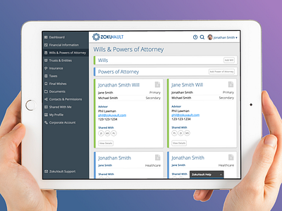 ZokuVault Estate Planning dashboard fin tech legal tablet