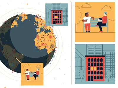 Neighbors bench buildings earth illustration neighbors people skyline space stars vector world