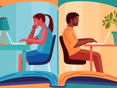 Getting Remote Teams on the Same Page blog book business editorial illustration laptops vector work