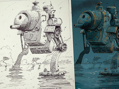 T-34 Walking tank character design concept art crosshatching engraving etching graphic ink robot