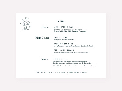 Simple Menu Design for J&M Wedding event collateral menu print wedding