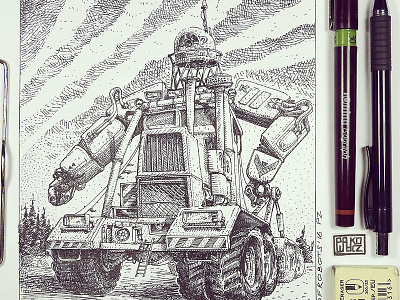 "Kirovets" T7000 tractor character design concept art crosshatching engraving etching graphic gravure ink robot woodcut