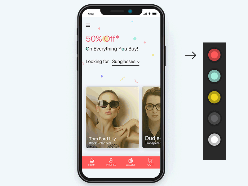 Sunglasses Shop - Color Menu Animation animation app colors design gifs iphonex onlinestore shopping slides sunglass ui ux