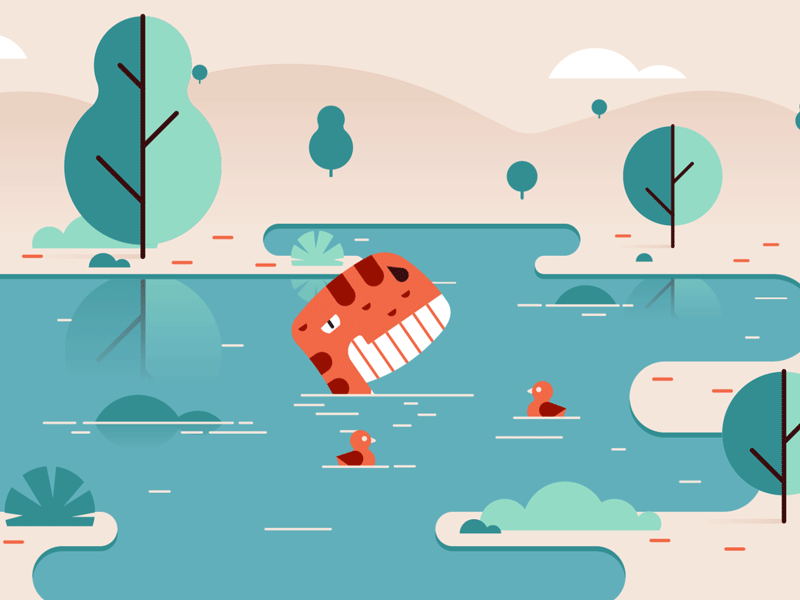 Dyno and the the bath animation bath dinosaur dsgn gif lake nature outdoor rubber duck trees vector