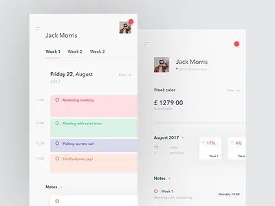 Sales monitoring app calendar cards clean colour minimal modern plan profile ui ux white