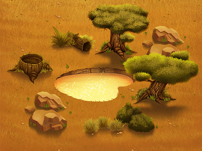 Isometric Safari boulder isometric rock safari shrubs tree trunk