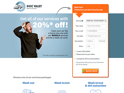 Doc Valet landing page car landing mobile offer page sale wash web