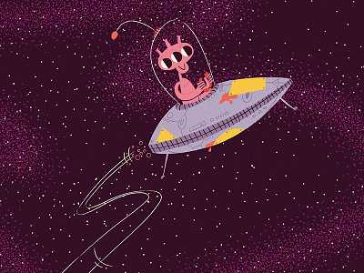 Alien about his business alien bold cartoon childrens colourful flying saucer happy illustration kids retro space vintage