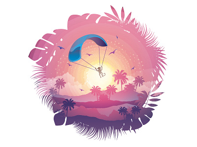 Adventure adventure birds clouds illustration leaves monkey palm trees shine sunset