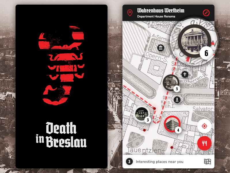 Death In Breslau animation app breslau gif map mobile mockup old sightseeing splash ui wroclaw